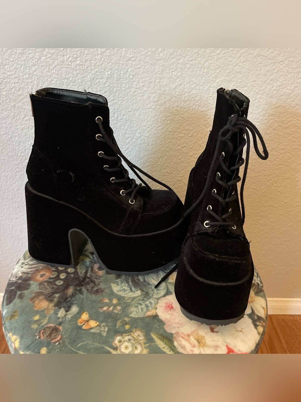 Demonia Black Velvet Lace-Up Platform Boots